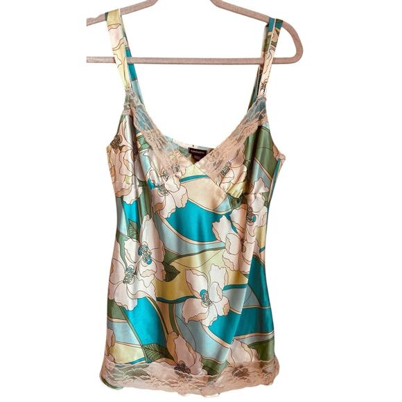 Vtg‎ Y2K Eyeshadow Satin Lace Trim Sleeveless Babydoll Top Size L Aqua Floral - Picture 1 of 7